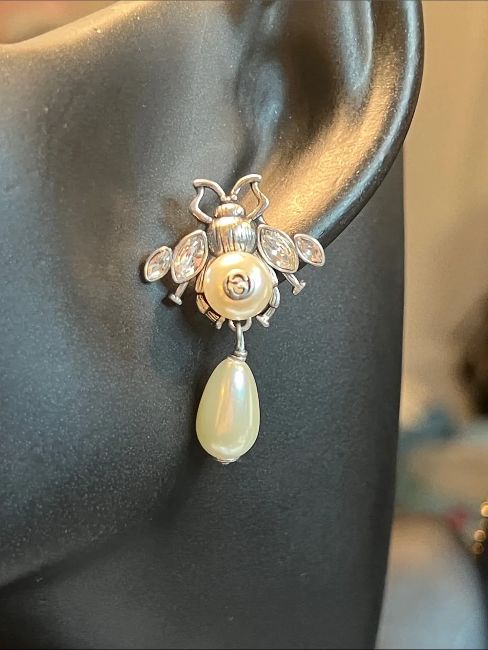 Pearl Drop Bee Earrings in Ivory and Silver